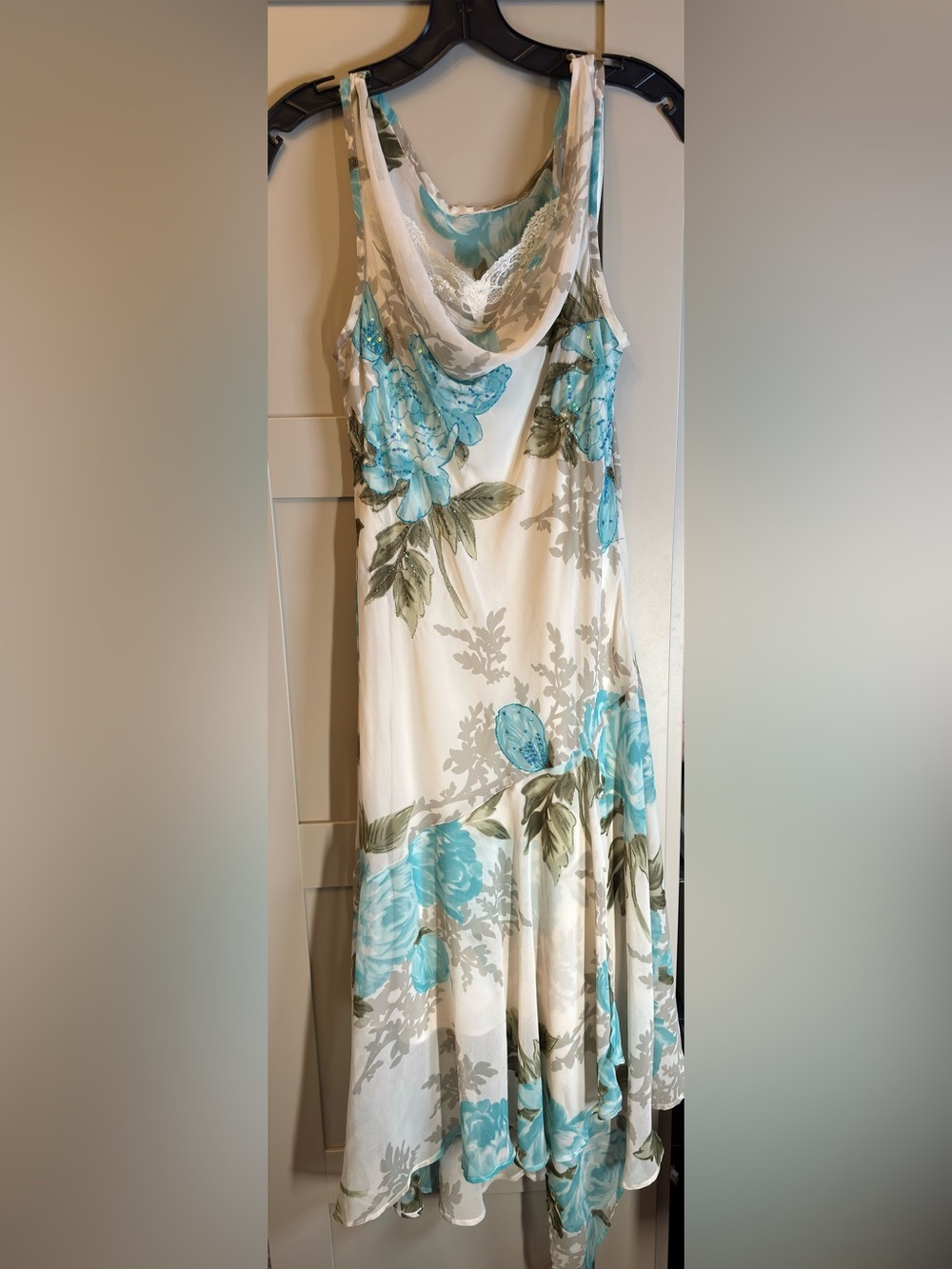 Vintage Ivory Floral Maxi Dress with Blue Blooms